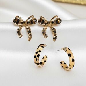 Gold Bow Studs and Leopard Hoop Earring Set - Gold & Black